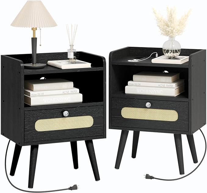 End Table Set of 2 with Charging Station, Diamond Décor Nightstands Set of 2 by AGDULL