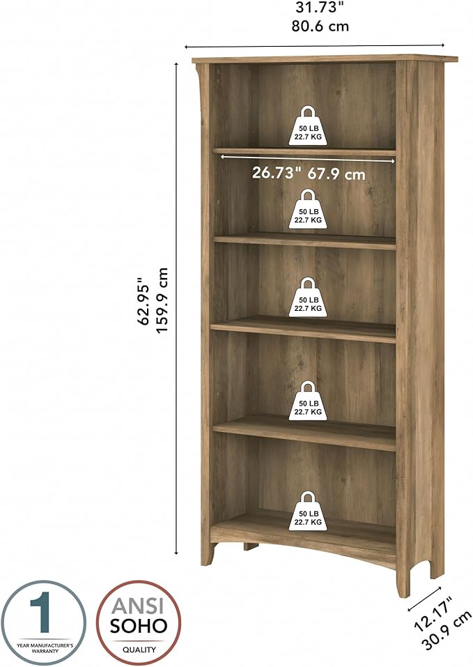 Bush Furniture Salinas 5 Shelf Bookcase in Reclaimed Pine, Tall Bookshelf - Image 3