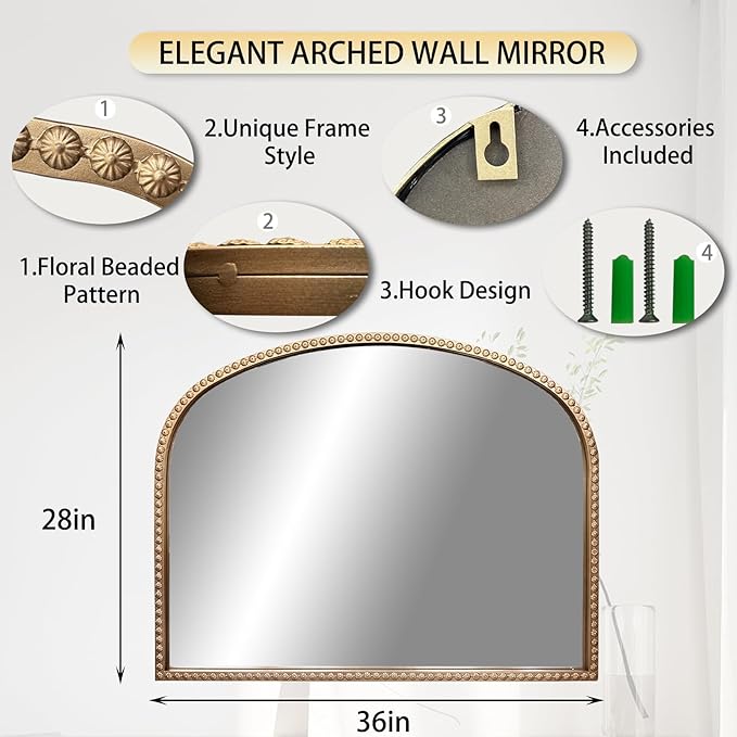 Gold Arch Mirror, Ornate Decorative Accent Mirrors, Vintage Arched Mirrors - Image 4