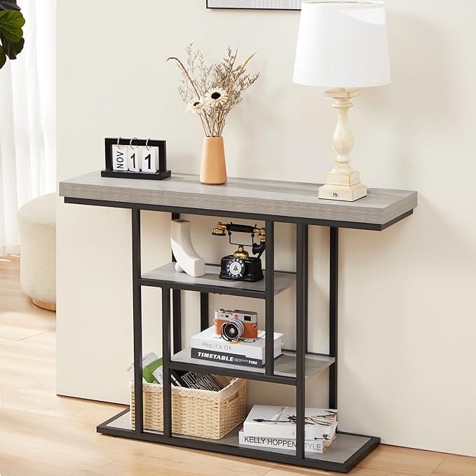 HABUTWAY 42" Industrial Console Table, Narrow 4-Tier Wood Entryway Table - Image 5