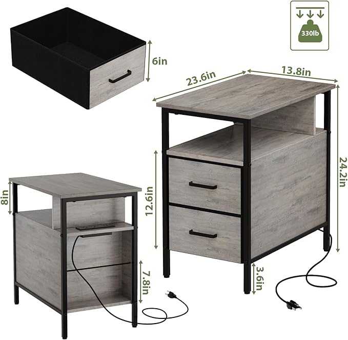 End Table with Charging Station, Narrow Side Table with 2 Fabric Drawer & - Image 3