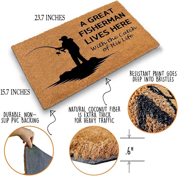 Funny Coir Doormat with A Great Fisherman Lives Here with The Catch of His Life - Image 4