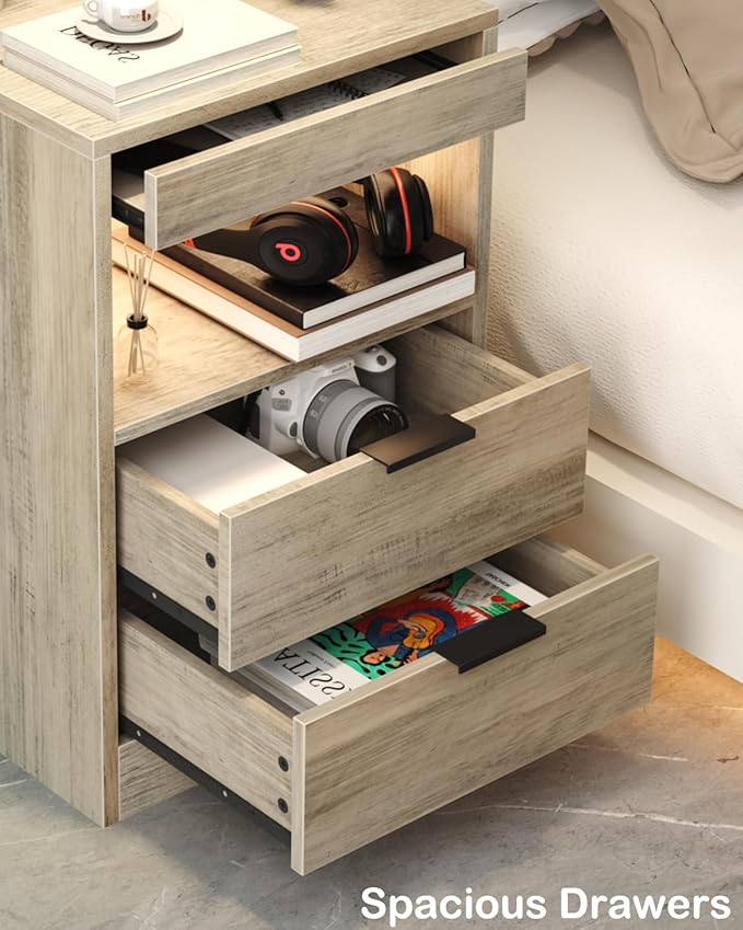Gadroad LED Nightstand with Charging Station, Bedside Table with 3 Drawers and - Image 8