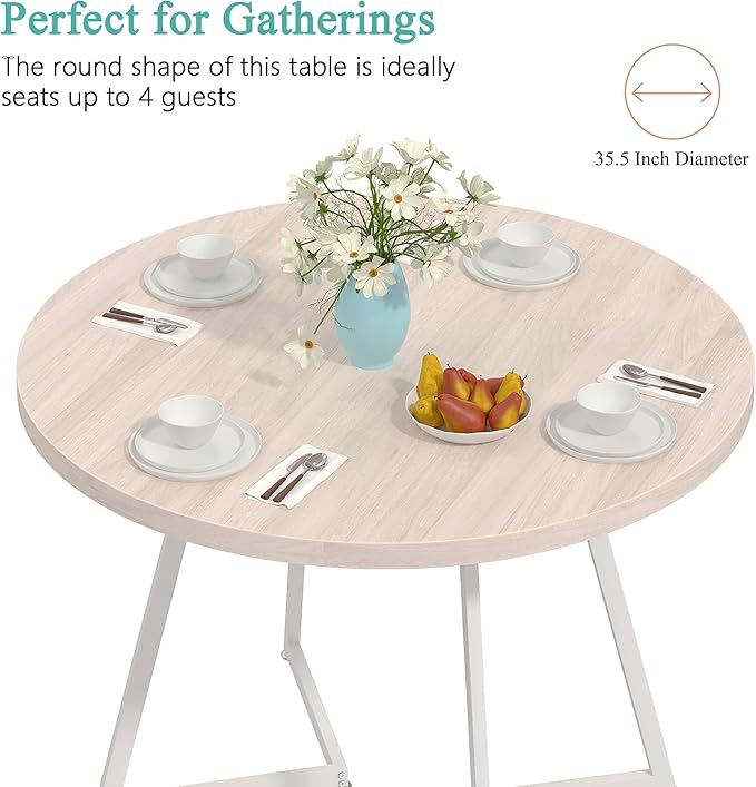 VECELO 35" Round Dining Table for 4, Wood-Grain Tabletop & Heavy-Duty Steel - Image 4