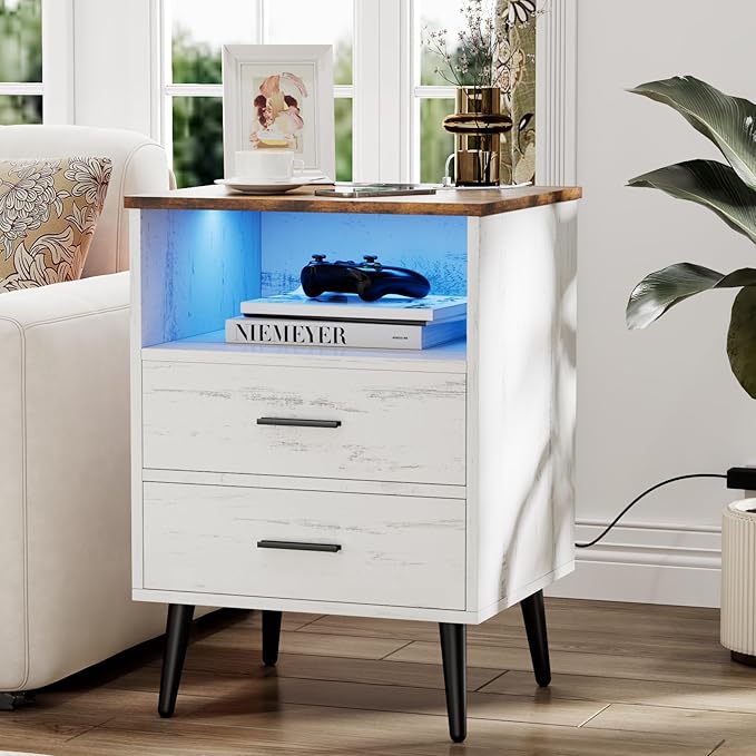 Farmhouse Nightstand with Charging Station and LED Lights, 25.6" H x 17.7" W x by HOMEFURNITURE