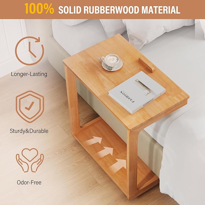 CozyDH Adjustable C Shaped End Table, Rolling Side Table Solid Wood TV Sofa - Image 5