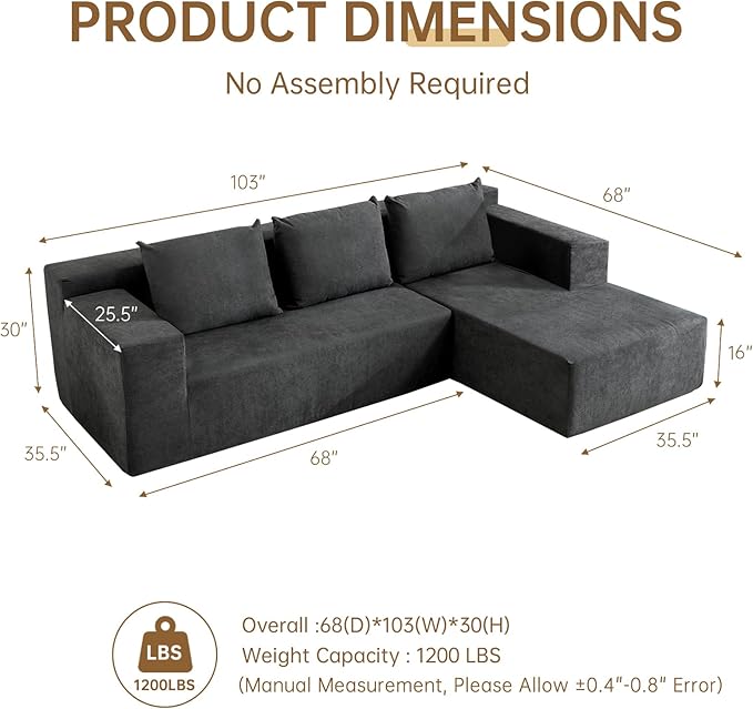 ANONER 103” Cloud Sectional Sofa L-Shaped Boneless Couch, Modern Minimalist - Image 2
