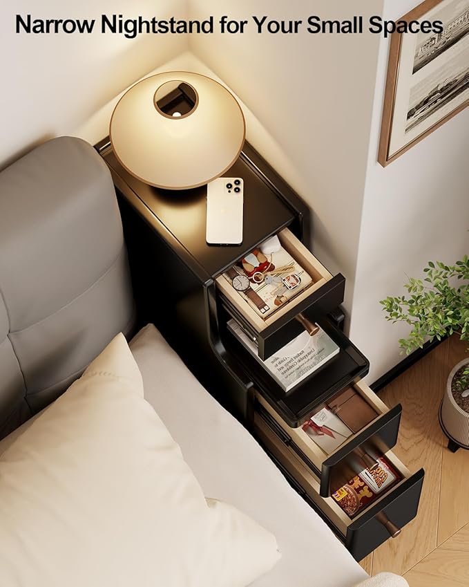 Narrow Nightstand with 3 Drawers, Solid Wood Narrow Bedside Tables, Small - Image 3