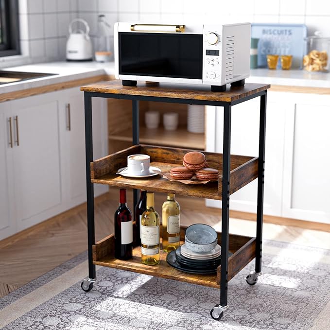 Kitchen Microwave Cart, 3 Tier Rolling Utility Cart on Wheels Coffee Cart - Image 2