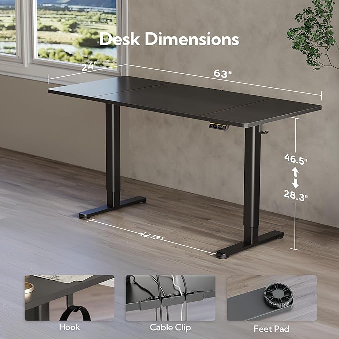 Claiks Electric Standing Desk, Adjustable Height Stand up Desk, 63x24 Inches - Image 3