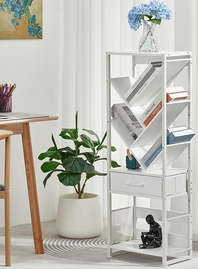 Bookshelf with Drawer, 8 Tier Tree Bookcase Retro Floor Standing Bookshelves - Image 5