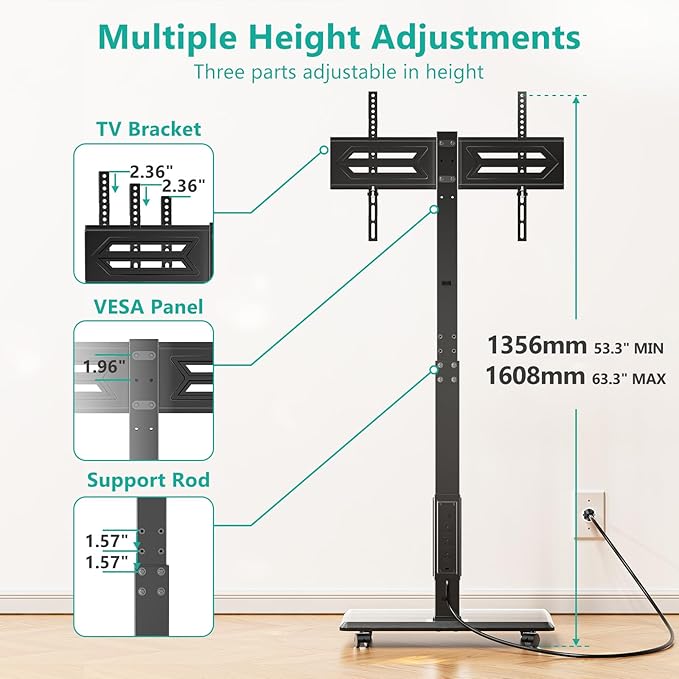 WALI Floor TV Stand with Power Outlet, Rolling Tall TV Stand Mount with Wheels - Image 3