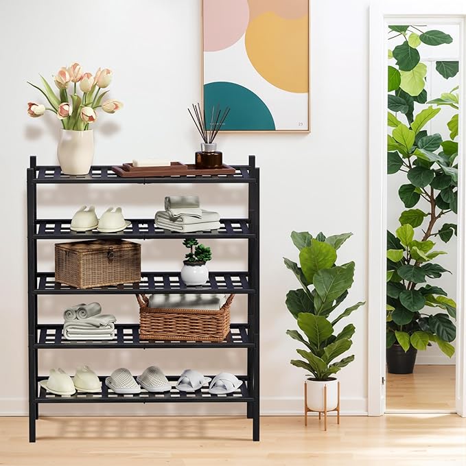 Haddockway 5 Tier Bamboo Shoe Rack Storage Organizer, Small Space 27"x11"x32" - Image 2