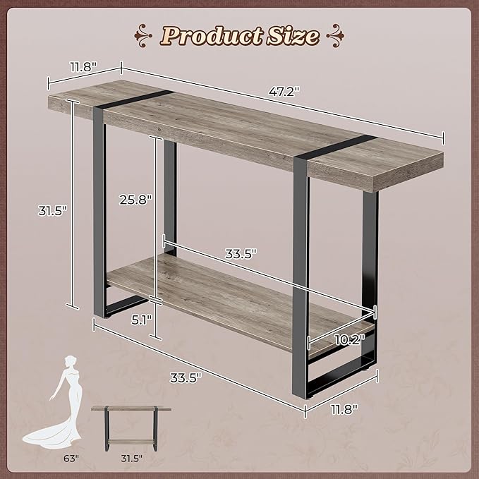 Huuger 47.2 Inch Entryway Table, 2-Tier Industrial Console Sofa Table - Image 2