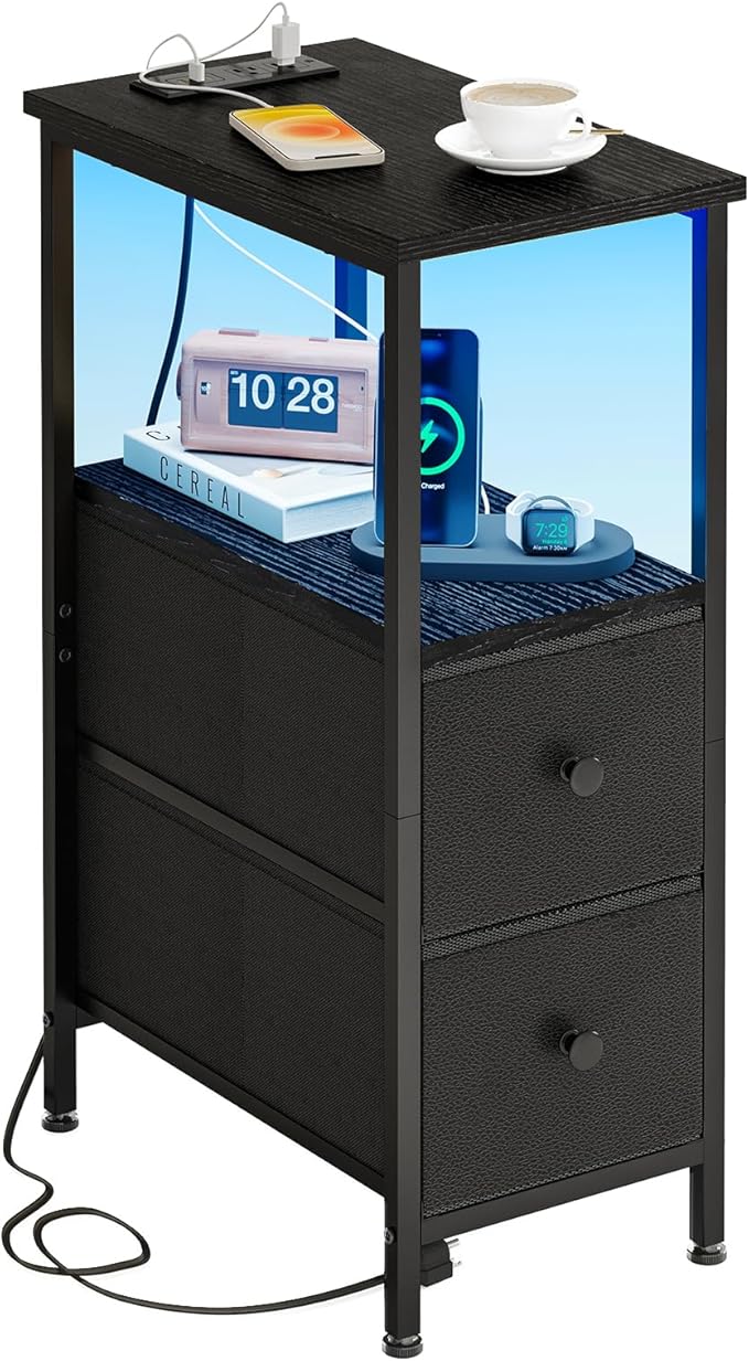 Fixwal Narrow Side Table with Charging Station and LED Light, Skinny Nightstand by Fixwal