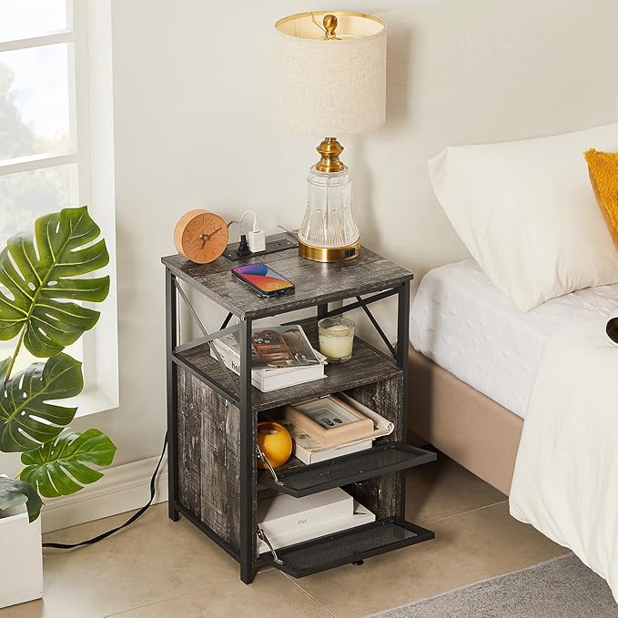 VECELO Oak Gray End Table with USB Ports and Outlets, 24 Inch Nightstands with - Image 5