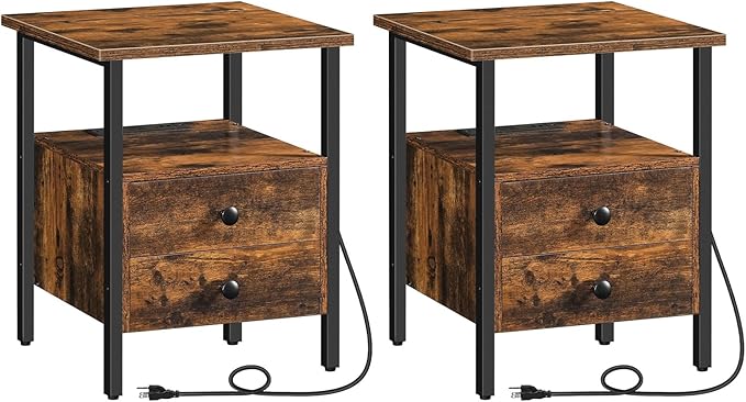 HOOBRO End Table Set of 2 with Charging Station, Nightstand with 2 Drawer & USB by HOOBRO