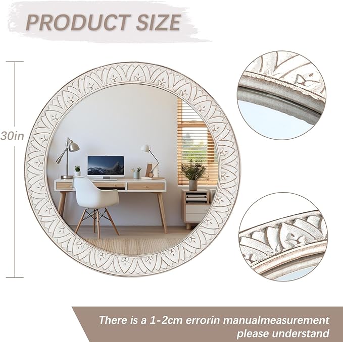 30" Round Wall Mirror, Farmhouse Wooden Frame Circle Mirrors, Rustic Large - Image 6