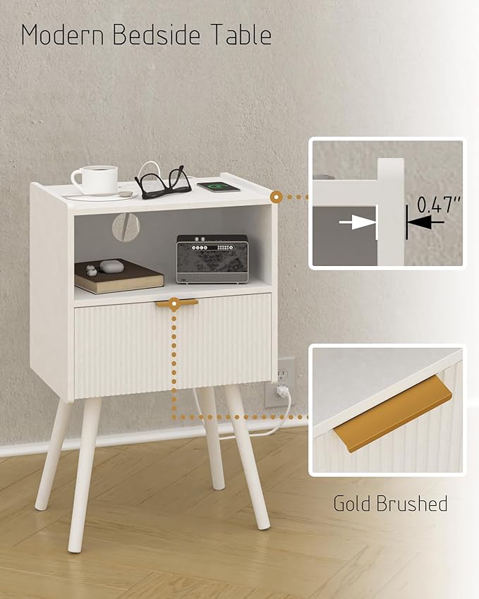 White Nightstand with Outlet, Modern Bedside Table with Storage Drawer and Open - Image 5