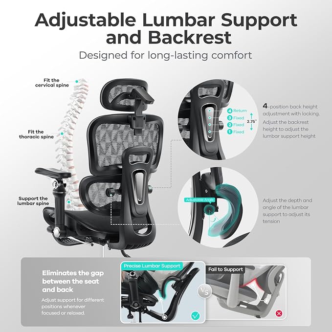 Ergonomic Office Chair with 9D Arms, Adjustable Seat Depth, 3D Lumbar Support - Image 4