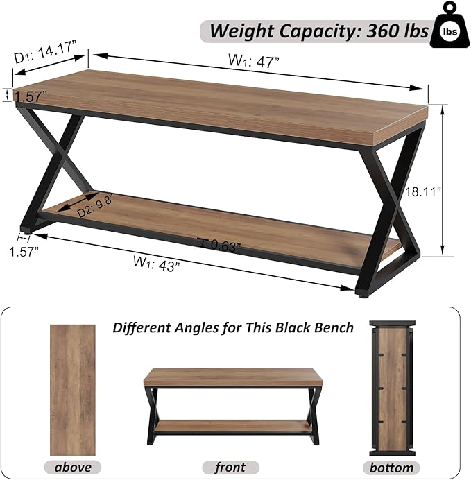 IBF Wood Entryway Bench, Wooden and Metal Bedroom Indoor Bench, Industrial Shoe - Image 2