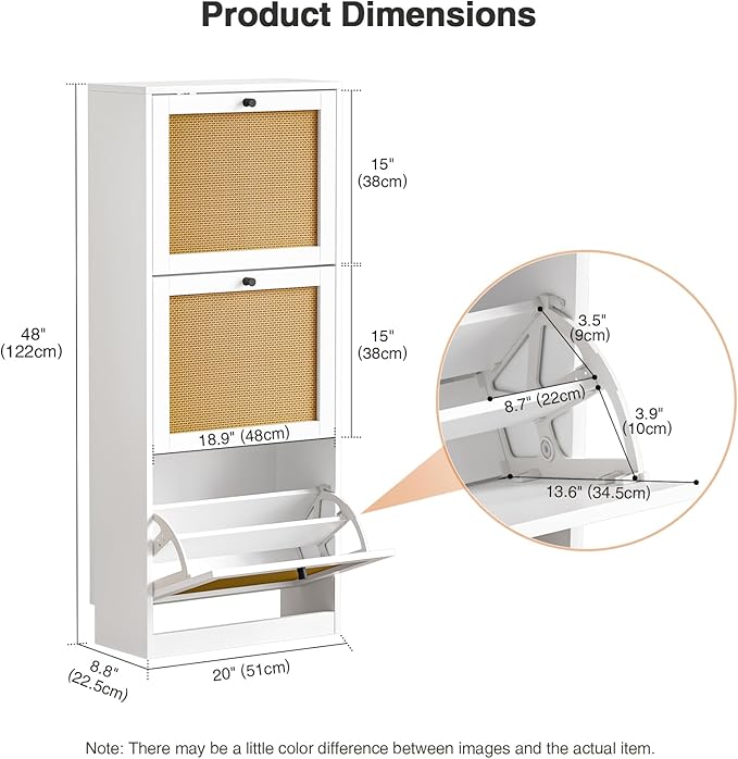Rattan Shoe Cabinet with 3 Flip Drawers, Narrow Shoe Rack Cabinet with - Image 2