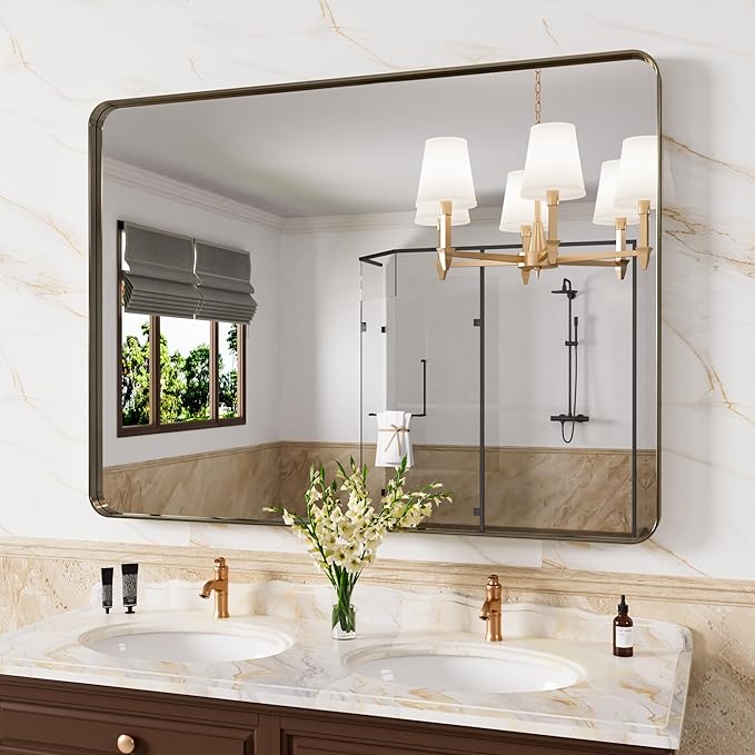 Bronze Bathroom Mirror 48x30 Inch, Brushed Bronze Metal Frame Mirror by JISOSO