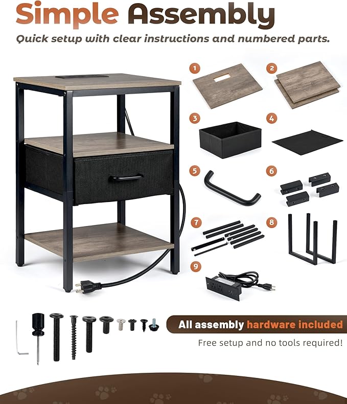 Nightstand with Charging Station, Bed Side Table with Fabric Drawer, 3-Tier - Image 6