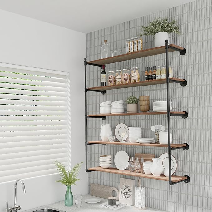Industrial Pipe Shelf Brackets Wall Mount, Open Black Pipe Shelving - Image 2