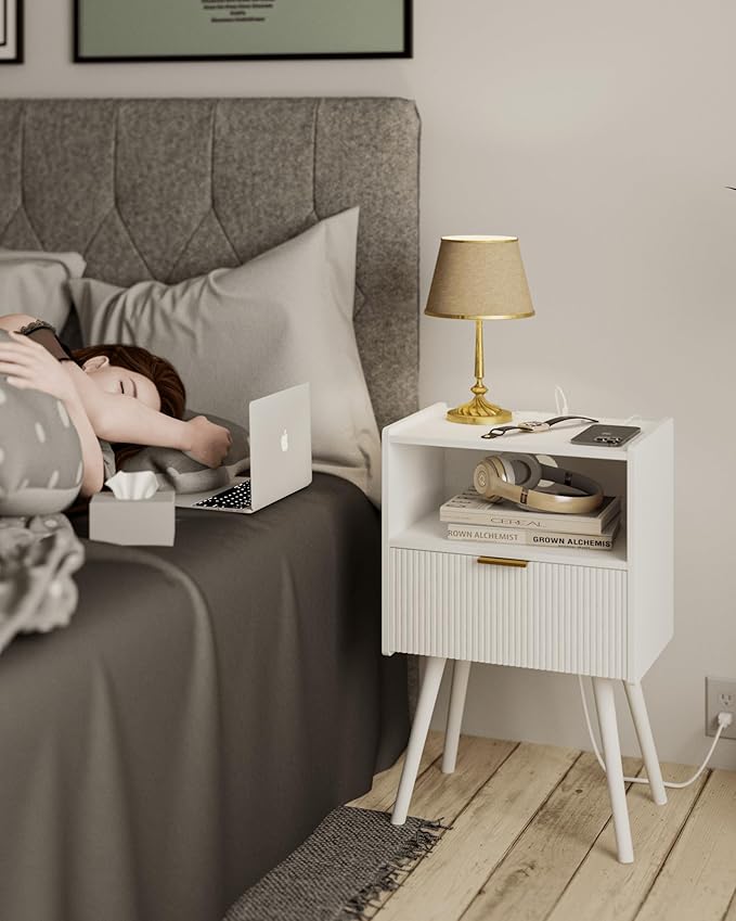 White Nightstand with Outlet, Modern Bedside Table with Storage Drawer and Open - Image 3