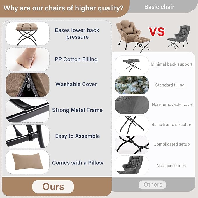 Lazy Chair with Ottoman, Modern Lounge Armchair with Lumbar Pillow, Accent Cozy - Image 9