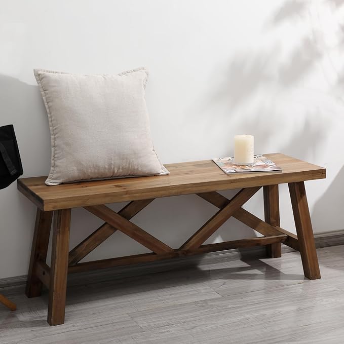 Wnutrees 43" Farmhouse Wood Bench, Rustic Solid Wood Entryway Bench Seat - Image 6