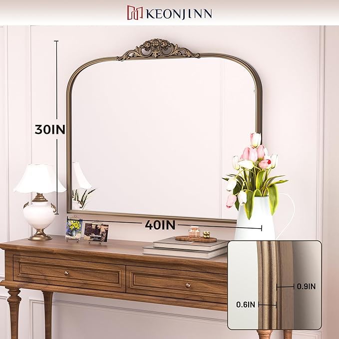 Keonjinn Vintage Gold Mirror, Brass Baroque Mirror, Ornate Decorative Mirror - Image 4