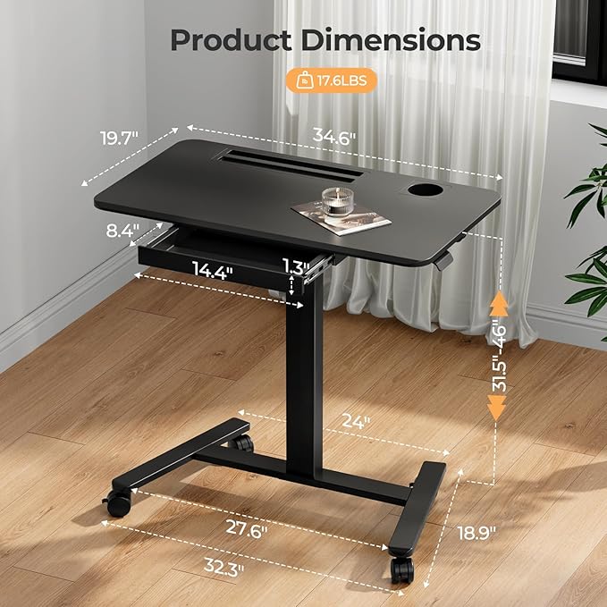 Mobile Standing Desk with Drawer, Rolling Laptop Cart on Wheels, Height - Image 2