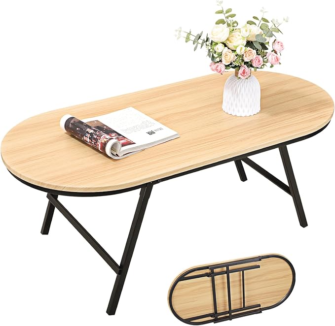 Foldable Coffee Table Natural Wood Oval Coffee Tables No Assembly Portable by FEUFOAM