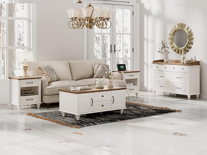 WAMPAT White Side Table with 2 Drawers & Charging Station, Mid Century - Image 8