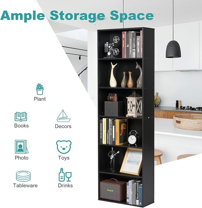 6-Tier Book Shelf, Floor Standing Open Bookcase, Wooden Display Storage Shelves - Image 4