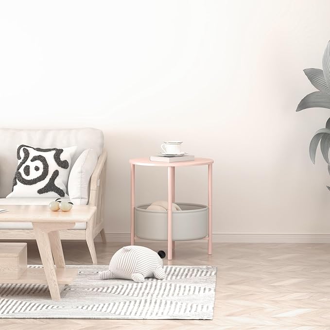 Round End Table with Fabric Basket, Bedside Table with Storage, Morden Round - Image 6
