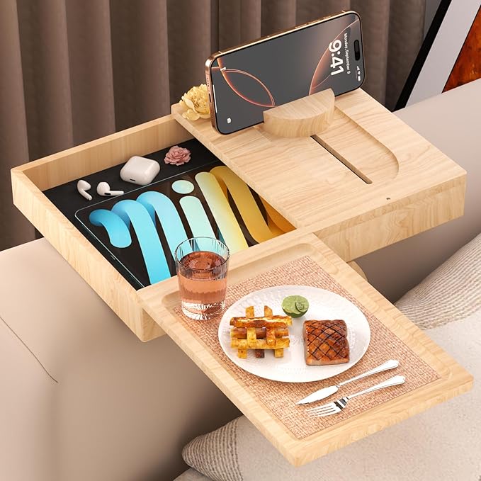 Bamboo Couch Arm Table with 2 Rotating Lids & Adjustable Phone Holder, Foldable by Unknown