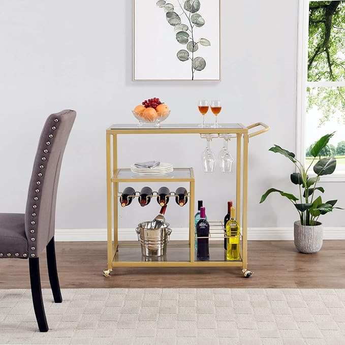Rolling Bar Carts Gold with Wheels, Home Bar Serving Cart with Glass Wine - Image 5