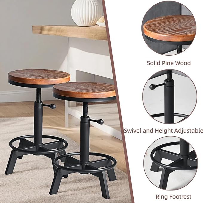 Set of 2-Industrial Bar Stool-Counter Height Chairs- Swivel Wooden Seat- - Image 3
