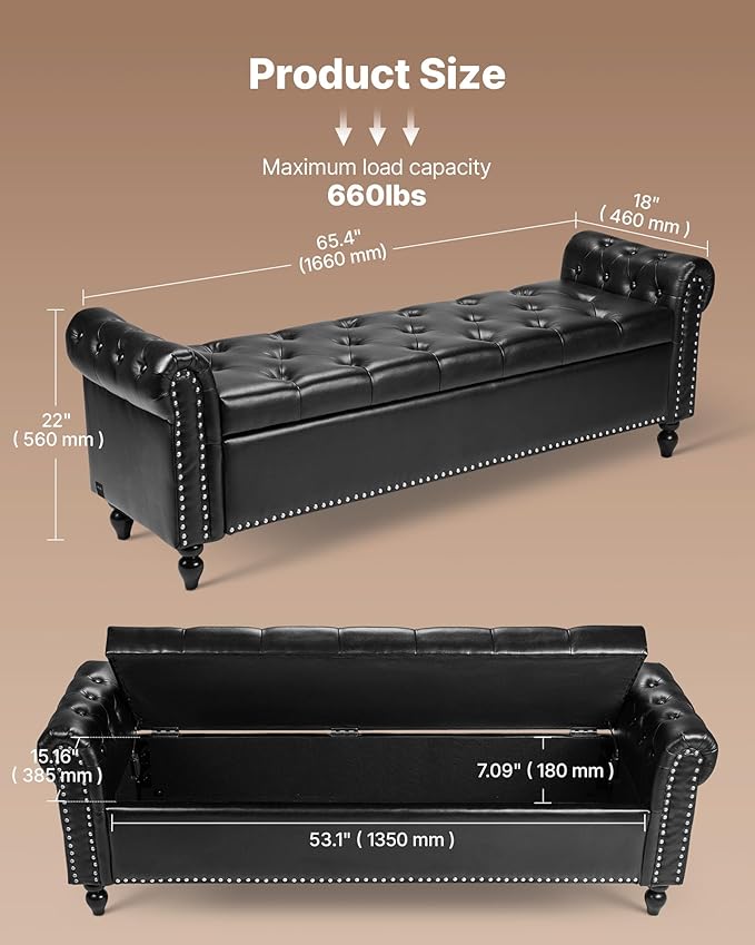 VEVOR Button-Tufted Storage Ottoman Bench, Rolled Arm PU Leather Bench - Image 3
