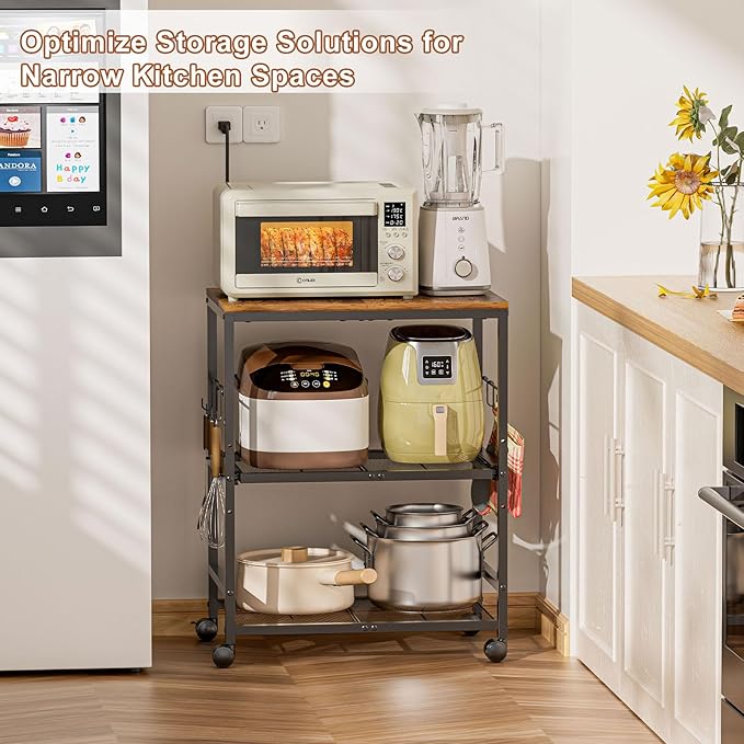 Microwave Cart with Adjustable Drawer Slider Shelves, 3 Tier Rolling Kitchen - Image 6