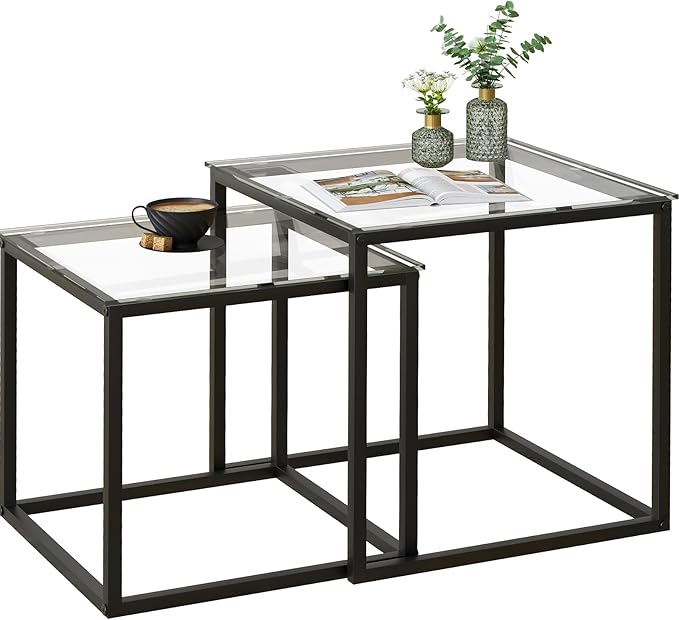 VILAWLENCE Coffee Table Set of 2, Modern Black Glass Side Table, Metal Frame - Image 4