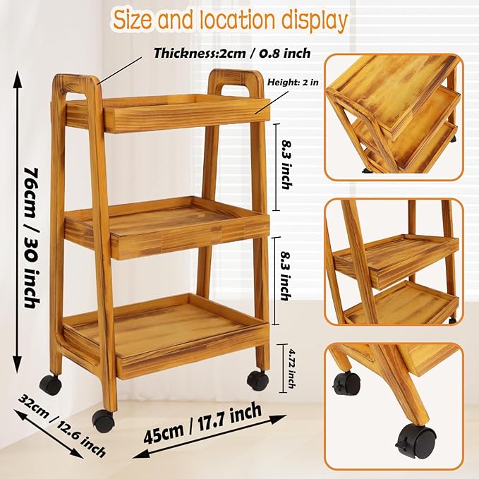 3-Tiers Ladder Shelf with Wheels, Wooden Rolling Cart, Solid Pine Wood Ladder - Image 2