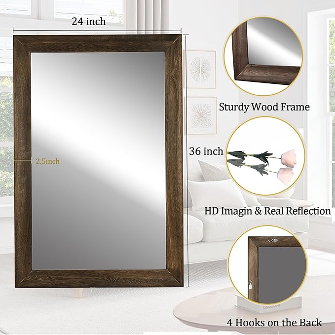 CULER Rustic Wood Wall Mirror for Bathroom, Rectangle 24 x 36 inch Hanging - Image 5