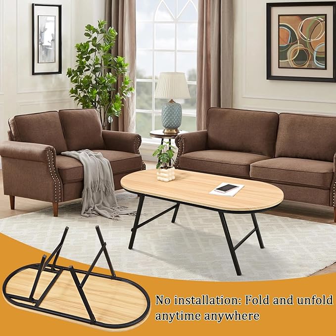Foldable Coffee Table Natural Wood Oval Coffee Tables No Assembly Portable - Image 3