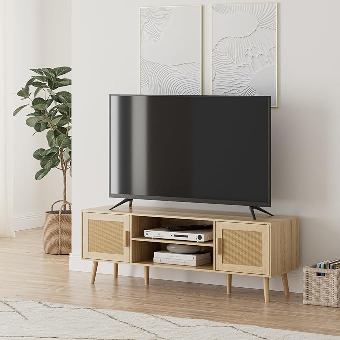 TV Stand for 55-65inch TV, Rattan Entertainment Center - Image 2