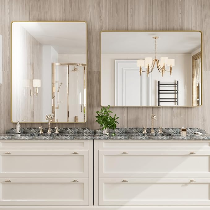 Gold Bathroom Mirror, 48x36 Inch Brushed Gold Metal Frame Mirror - Image 3