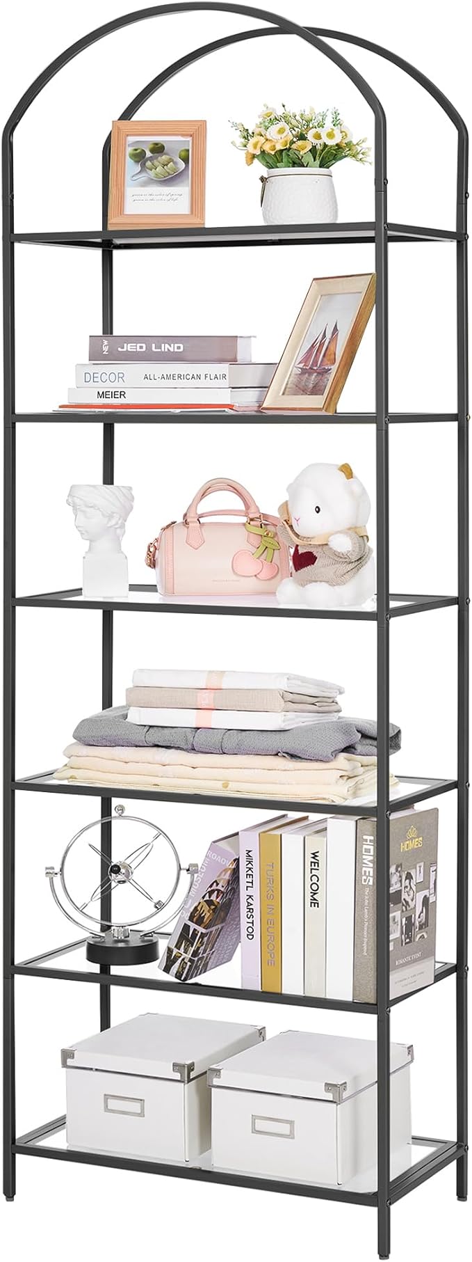 Homhedy Bookshelf Arched Display Racks, Metal Bookcase, Tempered Glass Shelves - Image 8